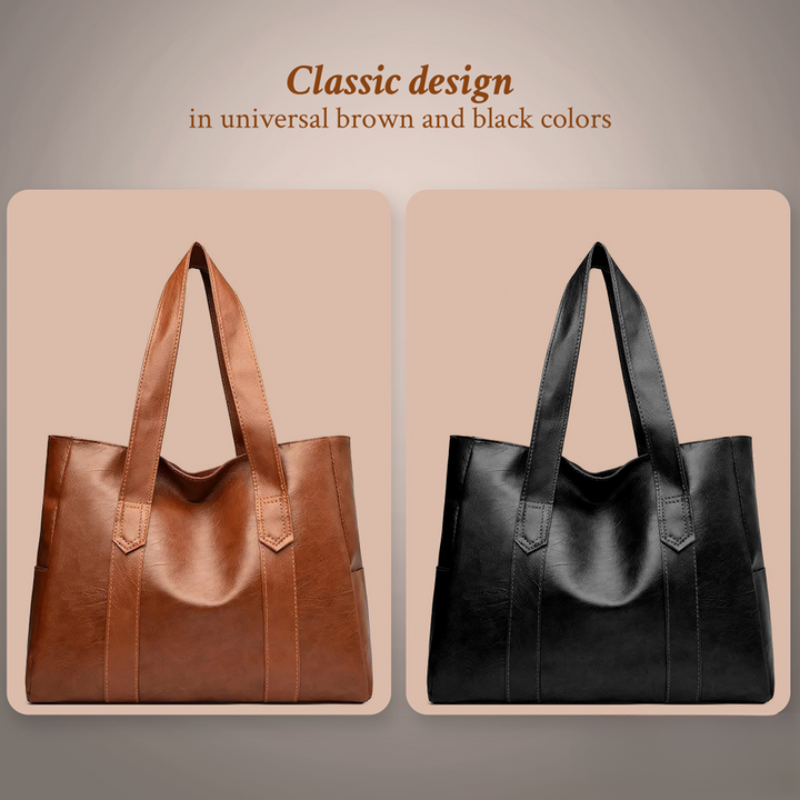 Dettaglio di una borsa tote classica donna, chiusura zip e finiture metalliche di alta qualità.