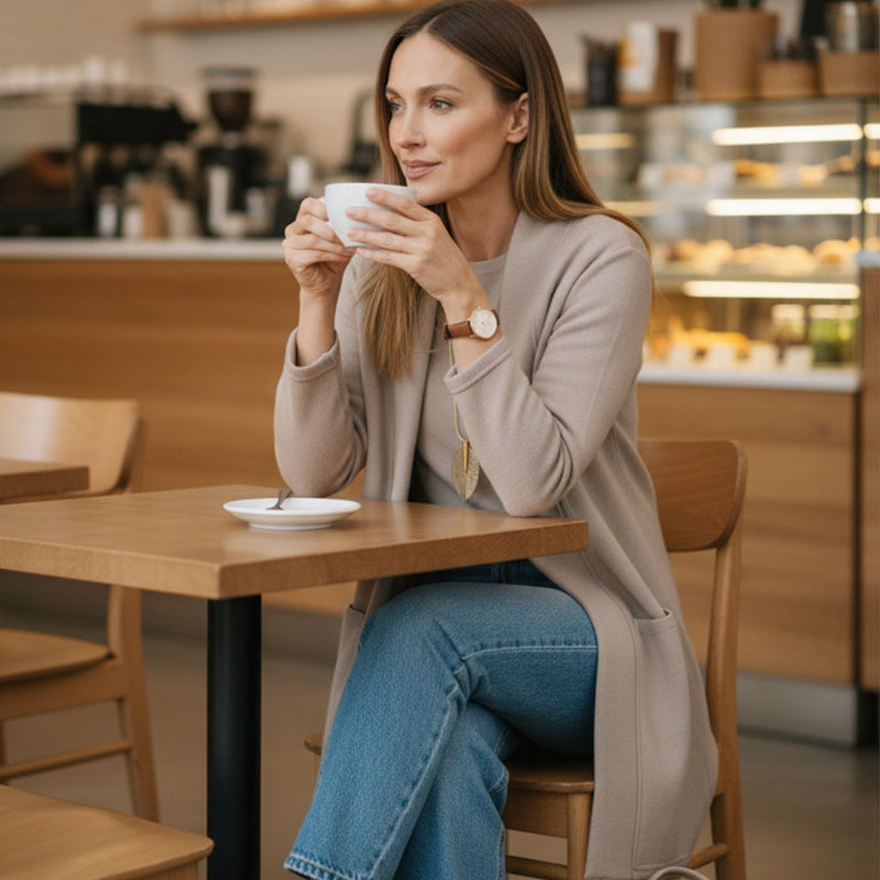 Moda autunno: set donna tre pezzi con cardigan lungo, top e pantaloni larghi per un look sofisticato.