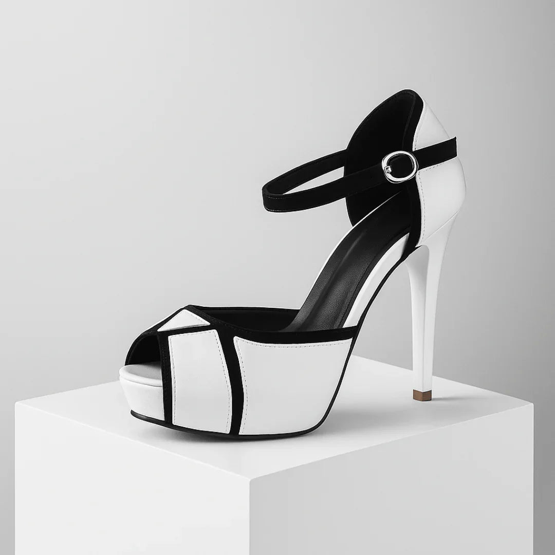 Sandali donna platform neri con tacco a spillo e cinturino alla caviglia, perfetti per serate eleganti.