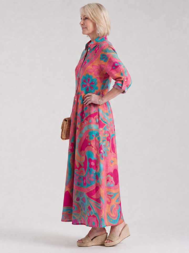 Vestito midi donna stampato multicolore, con colletto e bottoni. Perfetto per un look quotidiano e versatile.