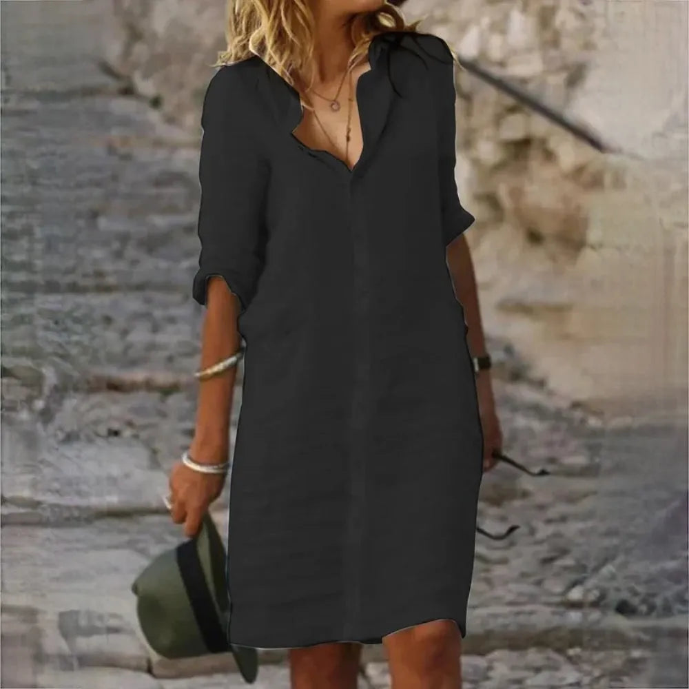 Vestito casual-chic da donna, modello fluttuante e senza maniche. Ideale per look primaverili ed estivi.