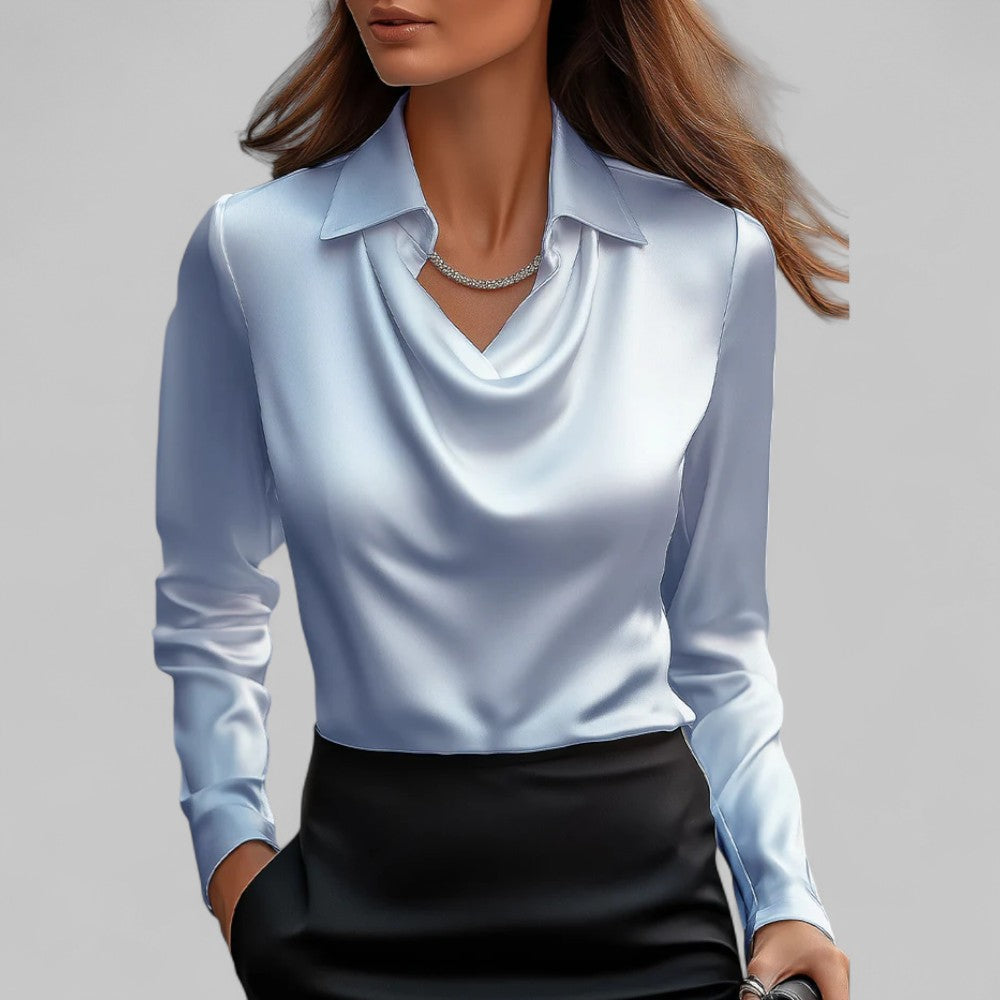 Blusa satin da donna, collo drappeggiato e maniche lunghe. Perfetta per abbigliamento serale elegante.