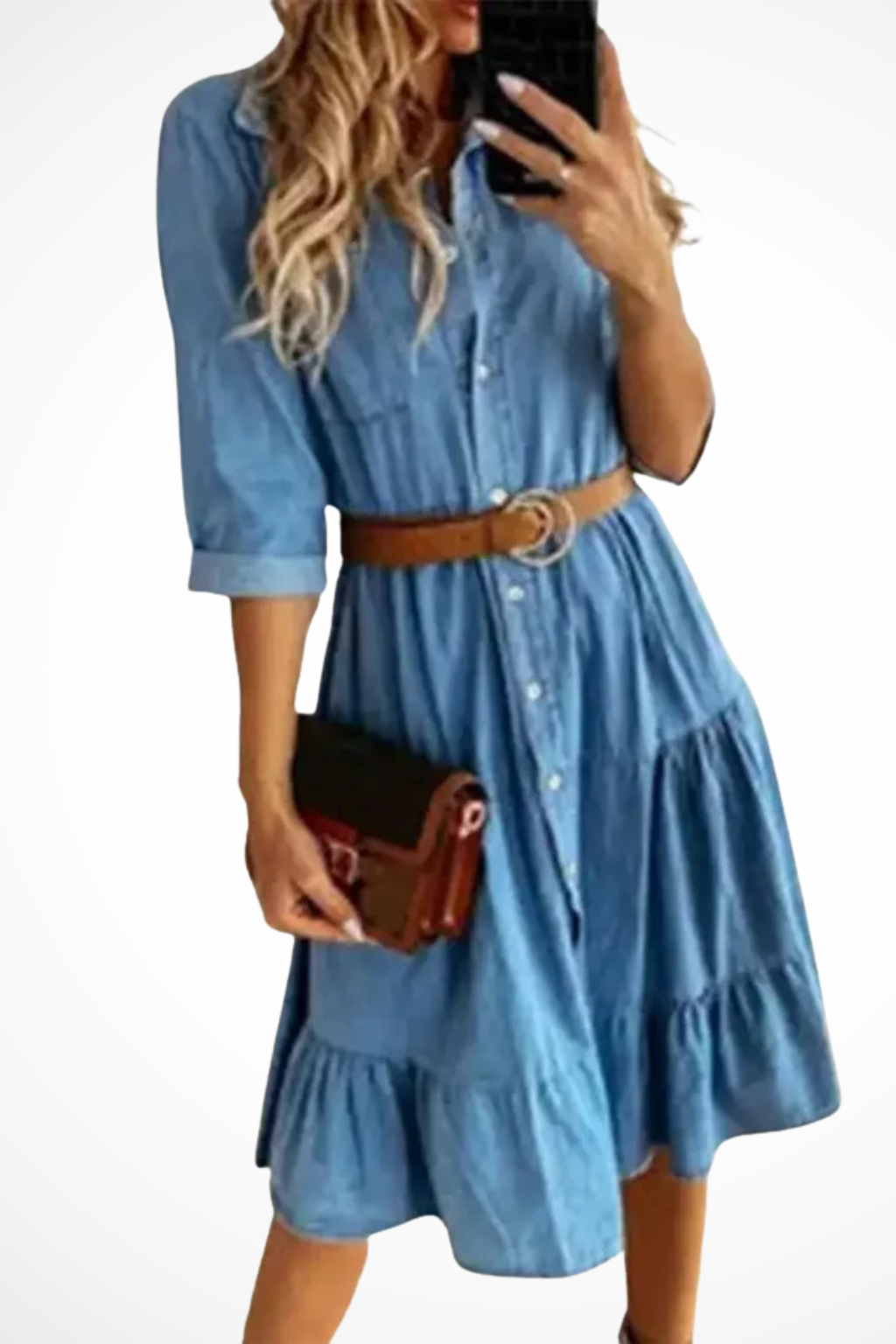 Abito midi da donna stile chemisier con morbide balze, cinturato, un capo elegante e comodo per ogni occasione.