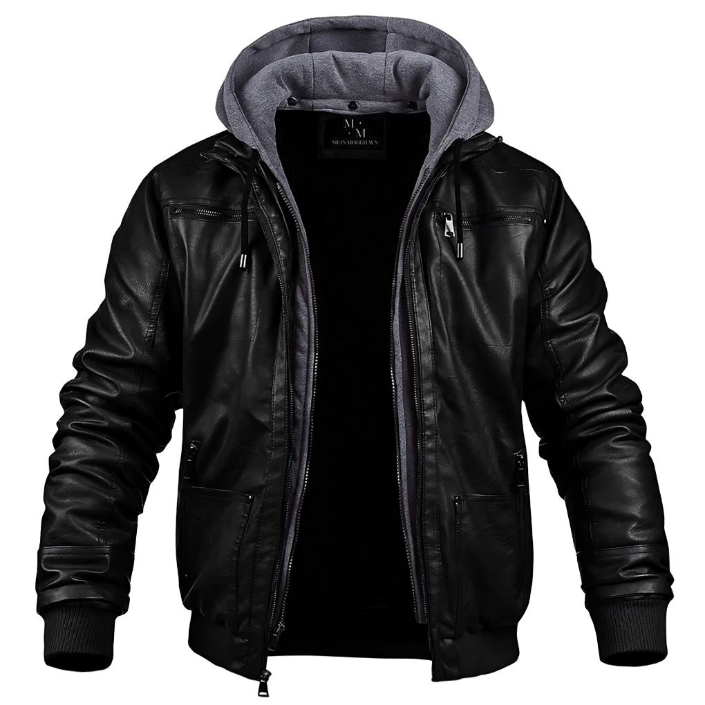 Giacca da uomo in pelle invernale con cappuccio, offre protezione dal freddo, stile moderno e comfort superiore.
