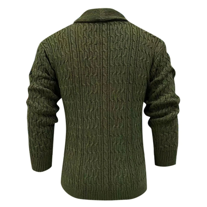 Cardigan uomo oversize casual verde oliva con bottoni. Perfetto per un look a strati alla moda e comodo in autunno/inverno.