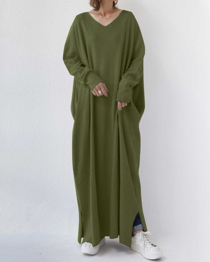 Abito lungo da donna in cotone a maniche lunghe. Vestito casual girocollo, morbido e comodo per ogni occasione.