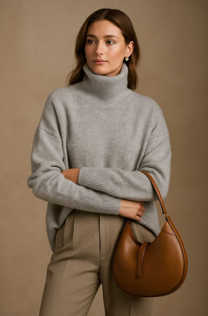 Dettaglio del morbido collo alto di un maglione donna slim, che offre calore e comfort leggero.