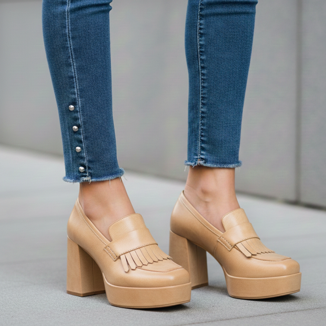 Mocassini donna eleganti, scarpe slip-on con plateau e tacco largo. Comfort e stile per la moda femminile.