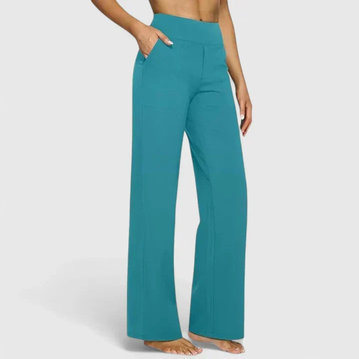 Pantaloni donna vita alta, gamba dritta, in tessuto confortevole per stile, abbigliamento e comfort.