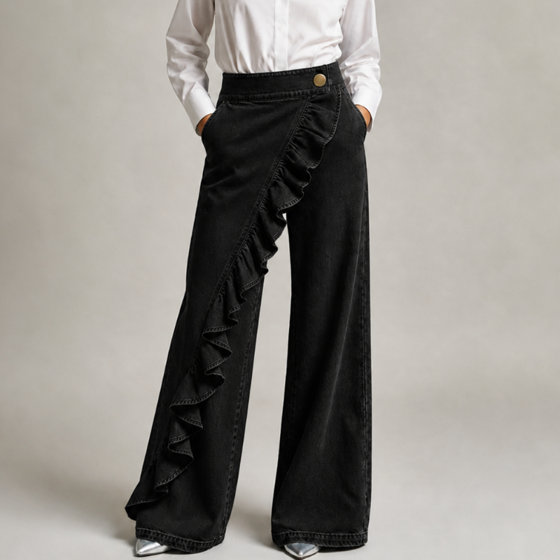 Pantaloni gonna donna vita alta con volant, gamba larga, stile casual elegante. Perfetti per moda versatile.