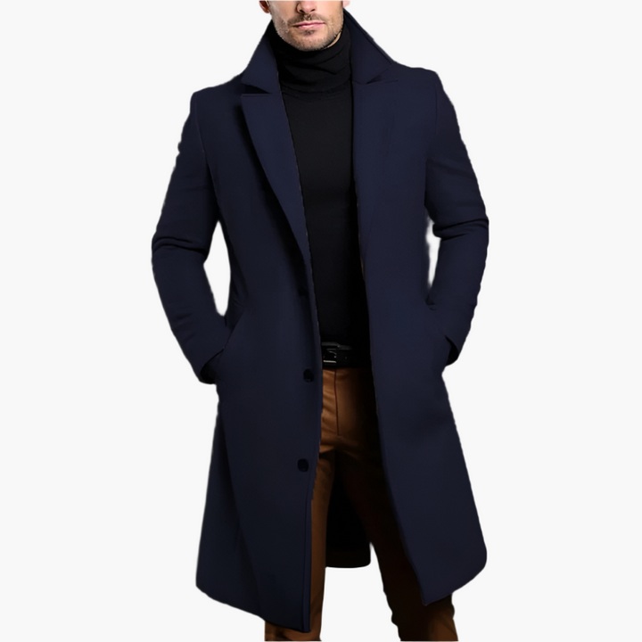 Cappotto monopetto da uomo lungo e caldo, ideale per l'inverno. Trench classico blu per un outerwear elegante e maschile.