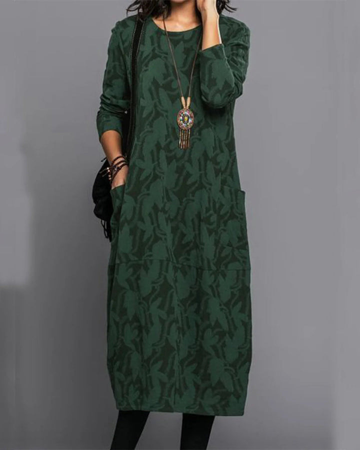 Abito midi donna elegante con stampa floreale, maniche lunghe e tasche, perfetto per l'autunno e la primavera.