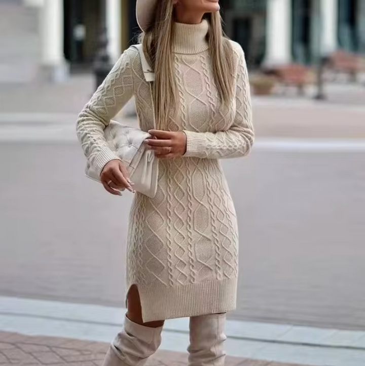 Vestito midi donna chic con maniche lunghe, ideale per l'autunno e l'inverno. Abbigliamento versatile e alla moda.