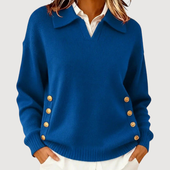 Maglione donna in morbida maglieria, elegante e caldo, con collo a bottoni. Perfetto per il comfort e lo stile autunno.