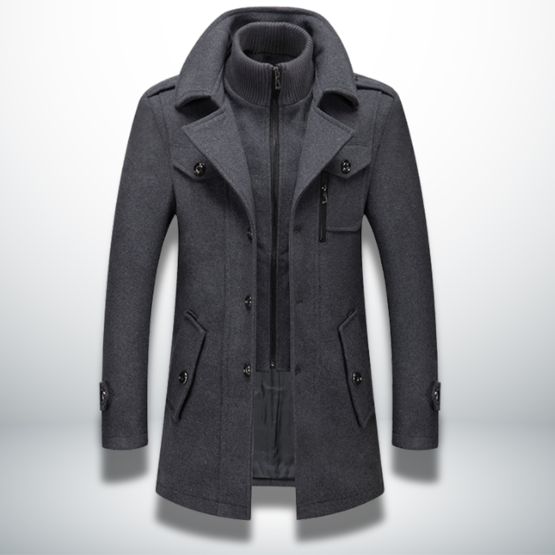 Cappotto da uomo invernale con doppio collo e zip frontale, essenziale per abbigliamento maschile.