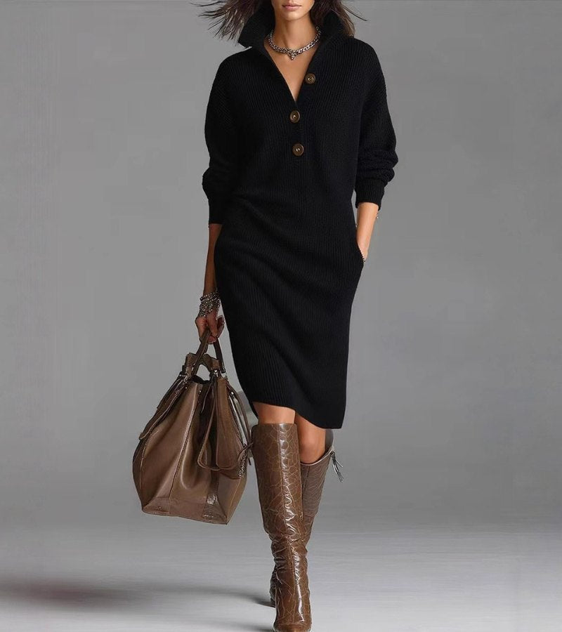 Vestito midi donna invernale in khaki con maniche lunghe, colletto e tasche, ideale per un look casual chic versatile.