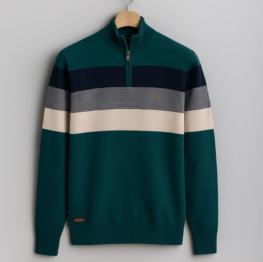 Maglione uomo blu petrolio con mezza zip e righe, capo versatile per un look maschile elegante o casual.