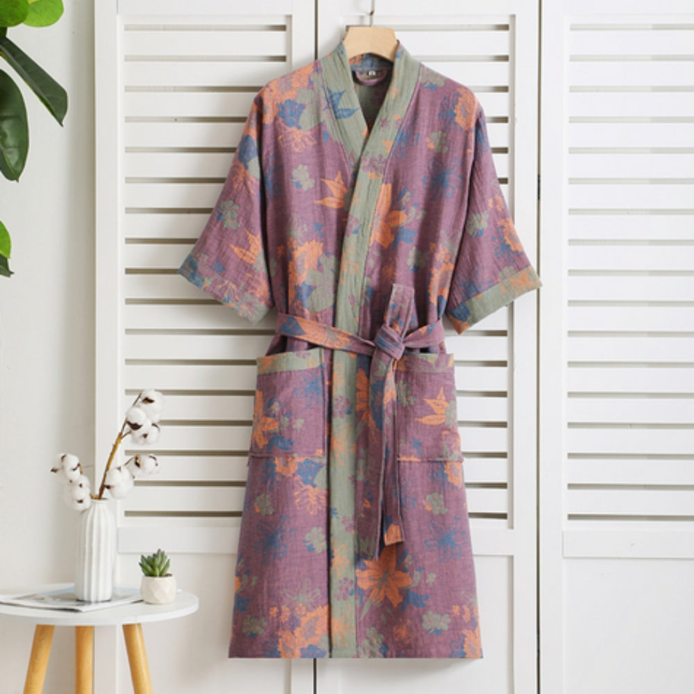 Elegante accappatoio kimono in cotone lussuoso per donna e uomo, ideale per momenti di lounge.