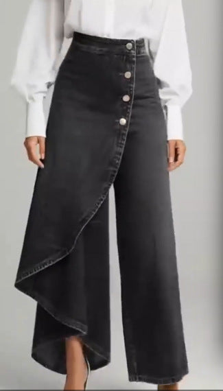 Pantaloni donna gamba dritta, effetto denim, bottoni decorativi, vita alta, perfetti per un outfit moderno.