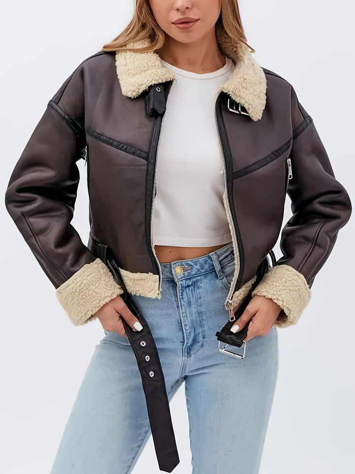 Giacca biker marrone invernale da donna, calda e confortevole, con cintura, ideale per un abbigliamento rock.