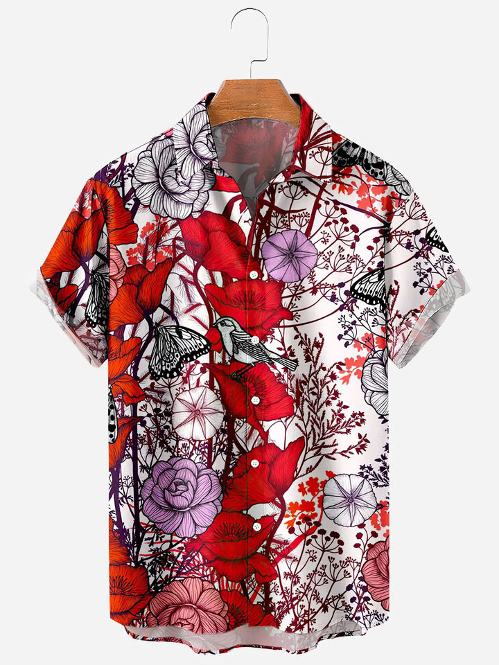Camicia uomo a maniche corte, stampa floreale tropicale per vacanze, spiaggia e outfit estivi chic.