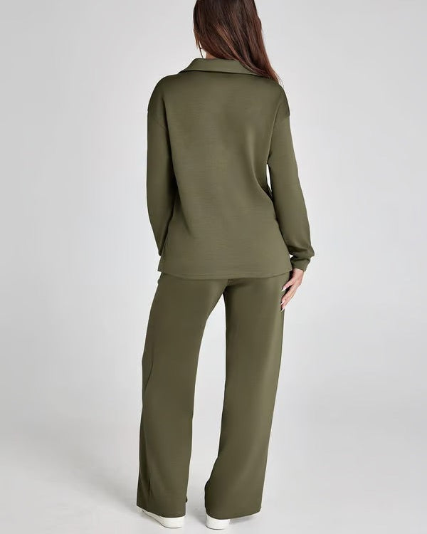 Elegante set completo donna: felpa scollo a V e pantaloni palazzo, per outfit casual chic.