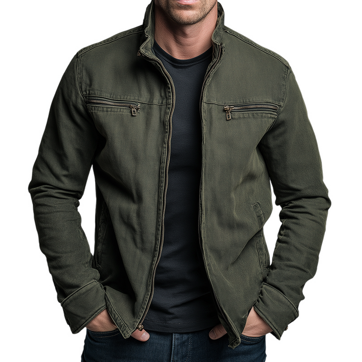 Giacca uomo casual cotone verde, stile vintage con zip. Ideale per mezza stagione e moda maschile.