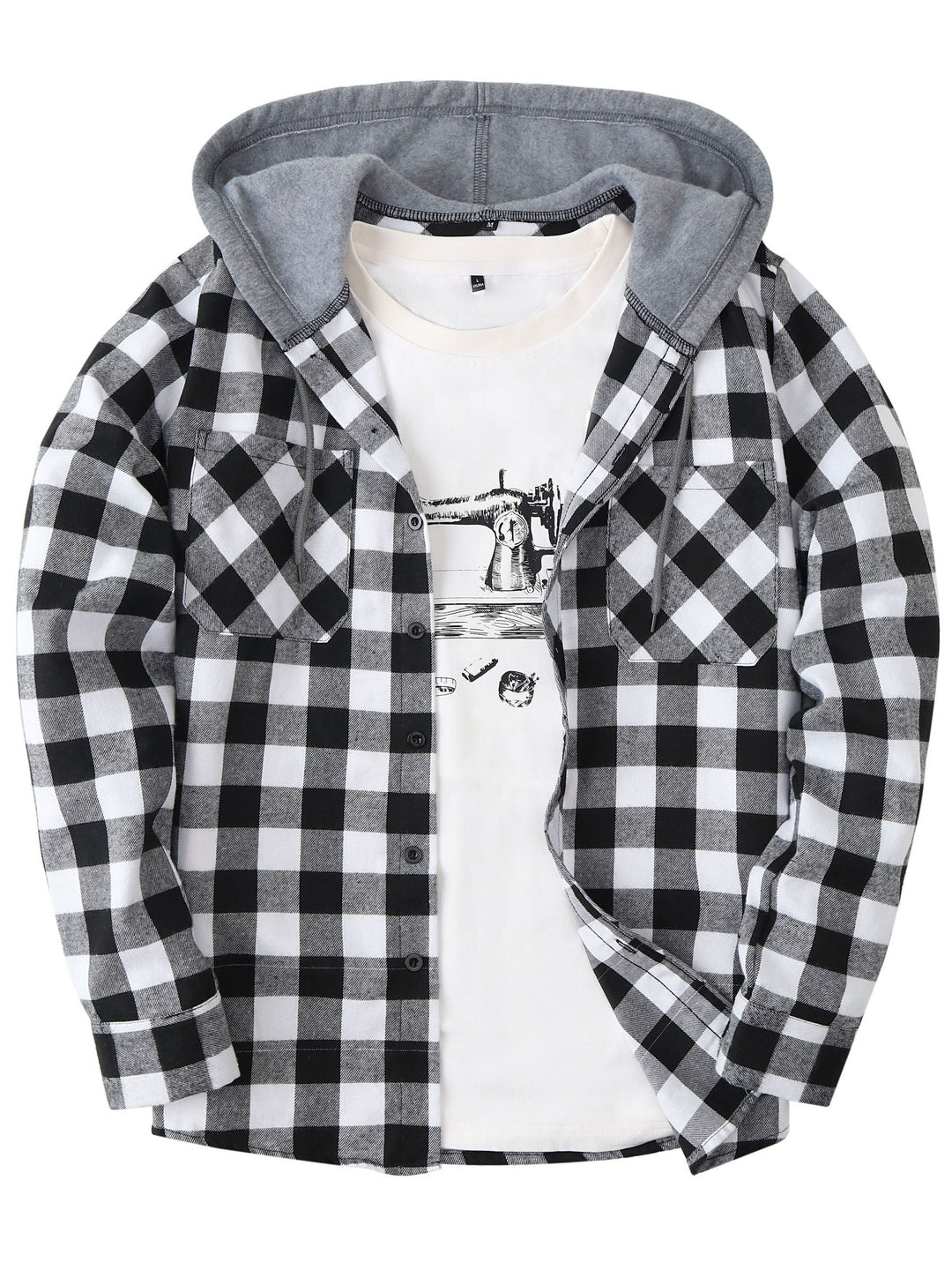 Giacca camicia uomo a quadri con cappuccio, perfetta per un look casual autunnale.