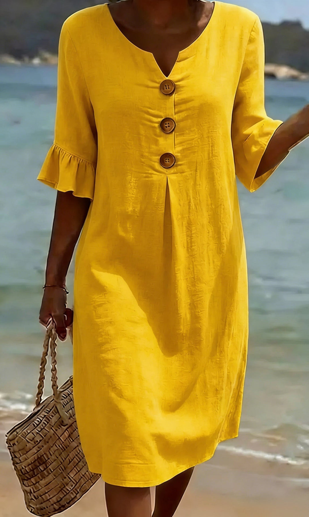 Abito estivo donna in cotone lino, bottoni frontali, vestito midi casual per spiaggia e città. Fresco.