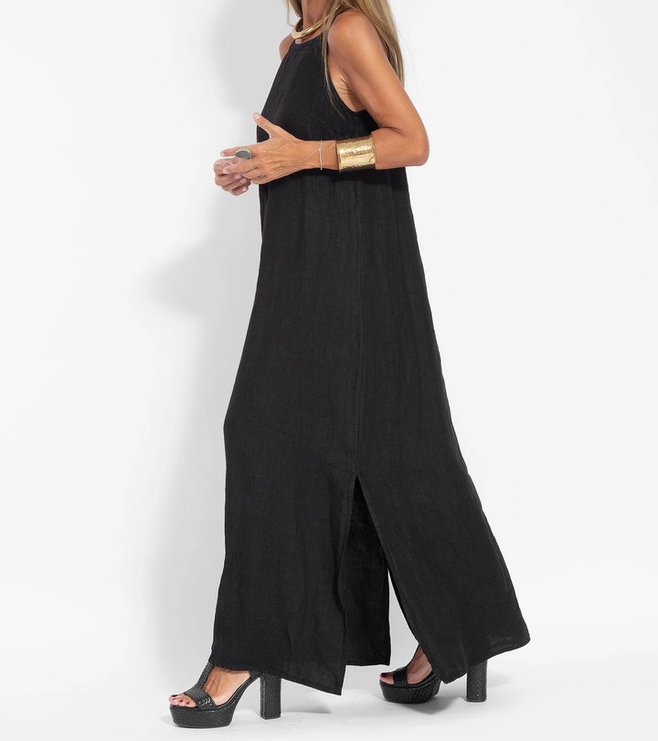 Abito estivo maxi verde da donna, scollo all'americana. Vestito lungo casual ed elegante per il look estivo.