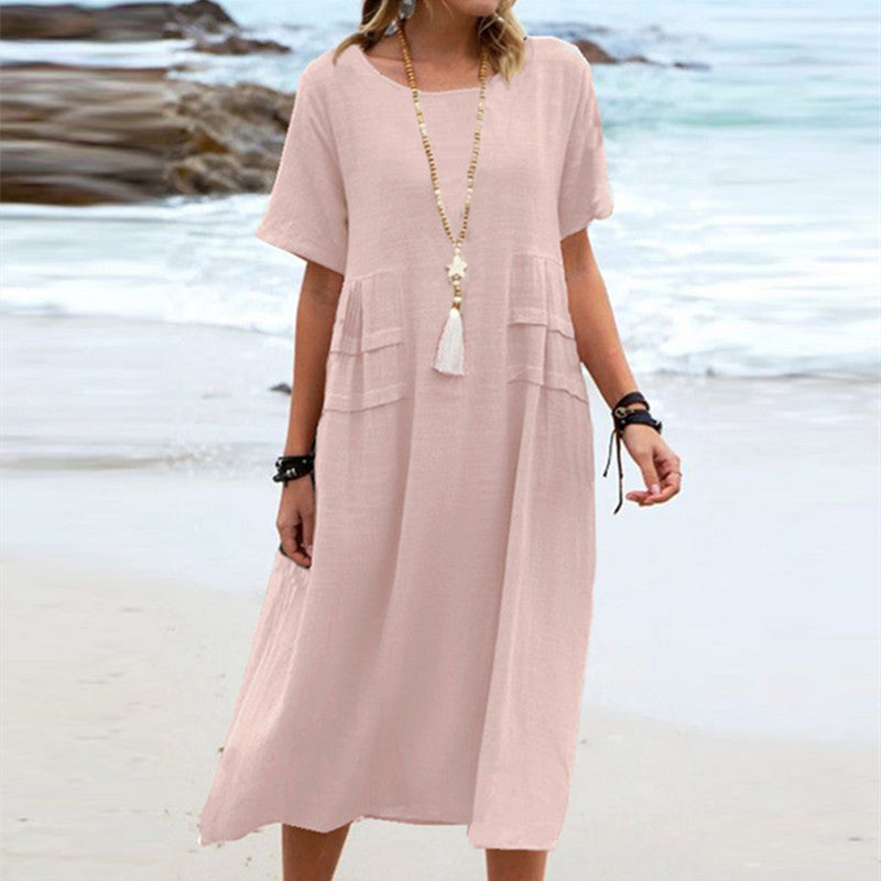 Abito midi estivo ampio in cotone lino per donna, con maniche corte, perfetto per il relax in spiaggia.