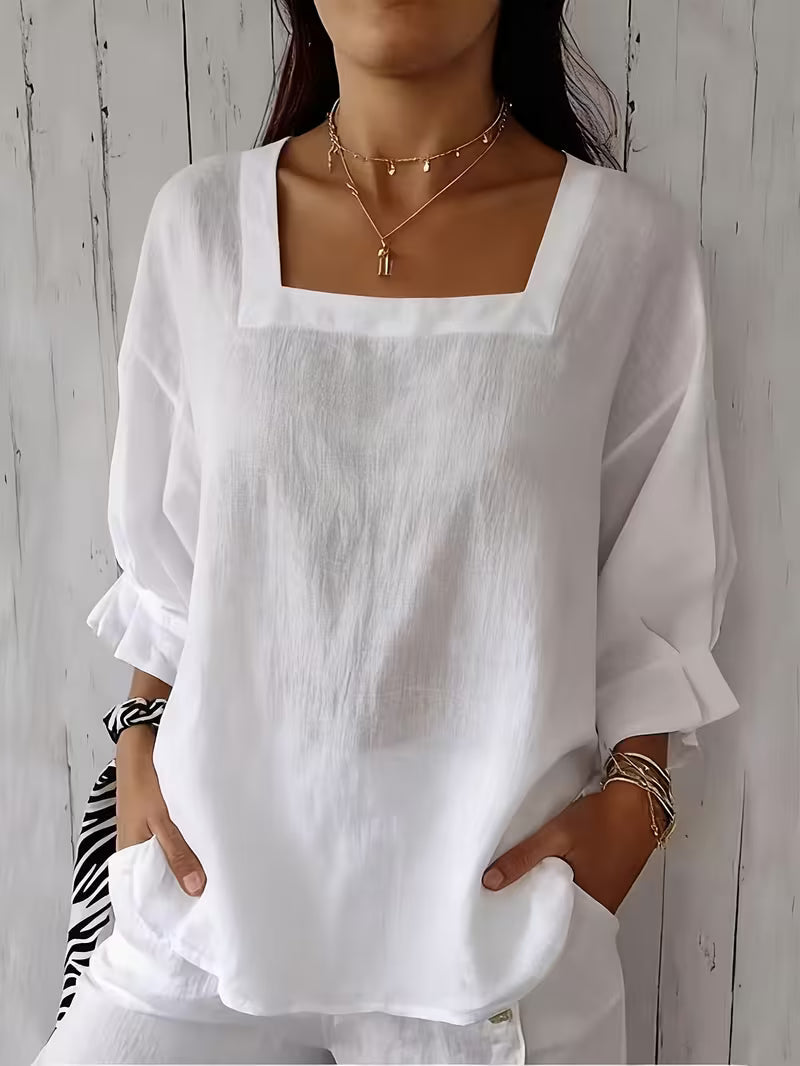 Blusa donna elegante con scollo quadrato e maniche fluide. Perfetta per primavera/estate, stile casual o chic.