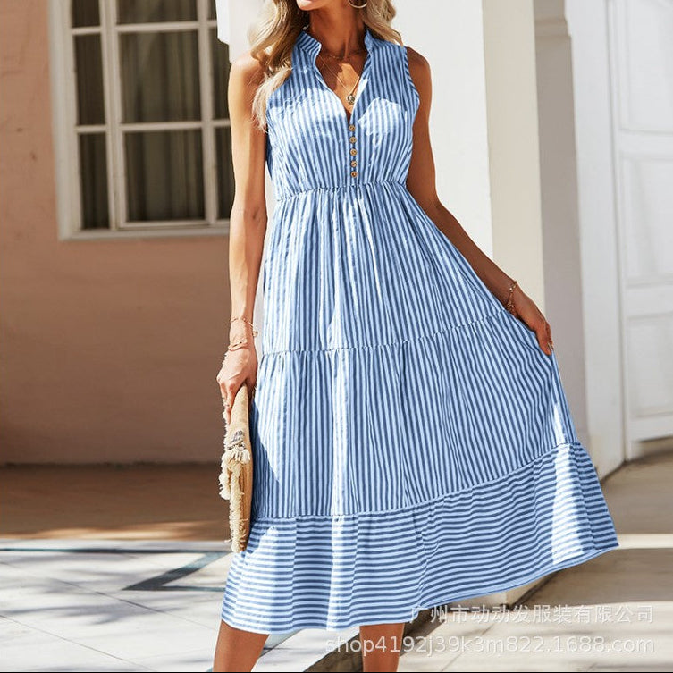 Abito midi donna elegante a righe verticali, stile A-linea, perfetto per ufficio primavera/estate.