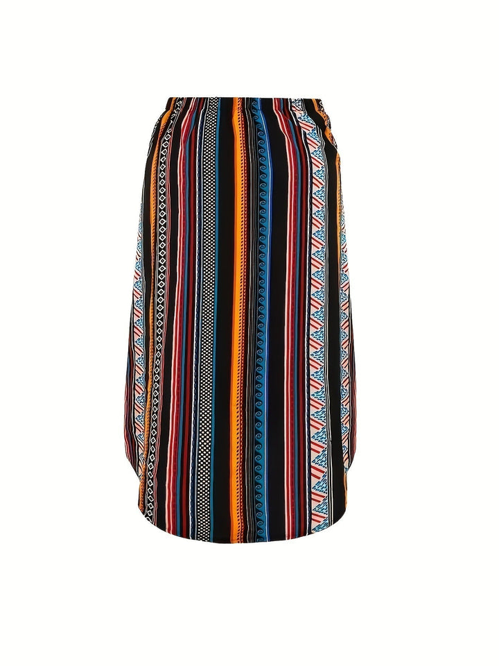 Gonna midi fluida donna, asimmetrica e con vivace fantasia geometrica, perfetta per un comfort chic estivo.