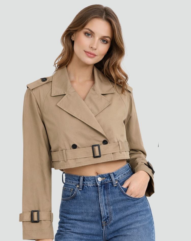 Elegante trench donna in cotone, modello corto regular fit, perfetto per ufficio.