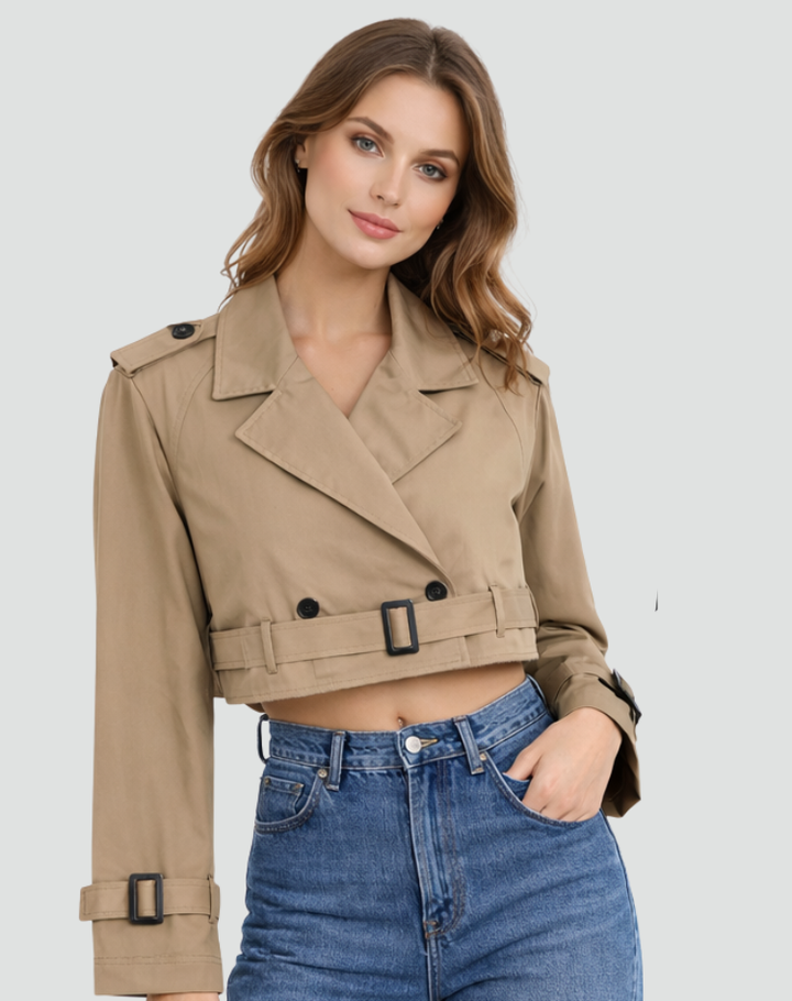 Elegante trench donna in cotone, modello corto regular fit, perfetto per ufficio.