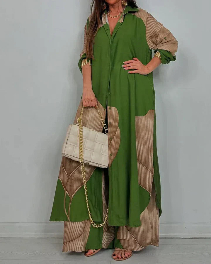 Completo donna elegante con camicia e pantaloni a gamba larga. Coordinato moda donna per primavera estate.