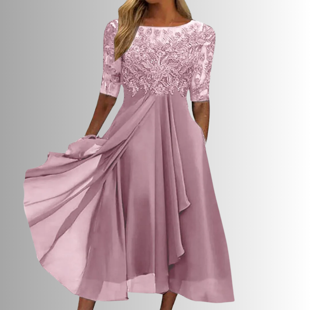 Vestito midi da cerimonia per donna con corpetto in pizzo raffinato e gonna svasata, ideale per eventi.