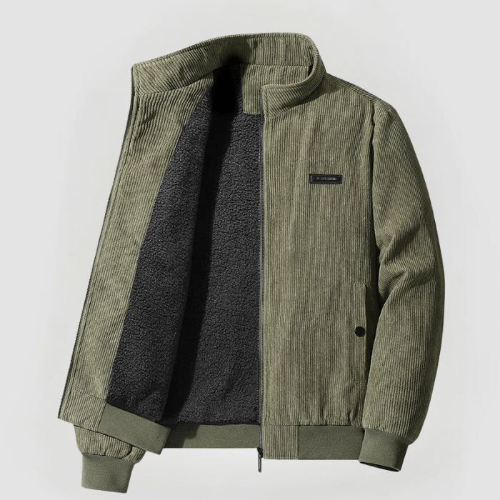 Elegante giacca uomo casual in velluto a coste, collo alto. Offre comfort e calore per l'outerwear maschile versatile.