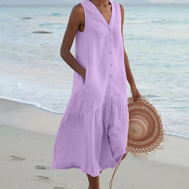 Abito estivo donna midi casual chic, senza maniche, con bottoni. Perfetto per la moda estiva elegante.