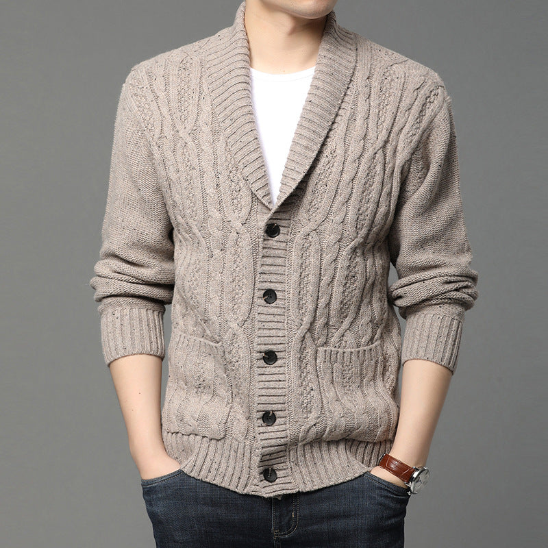 Cardigan invernale da uomo caldo e alla moda, con distintivo motivo jacquard e bottoni.
