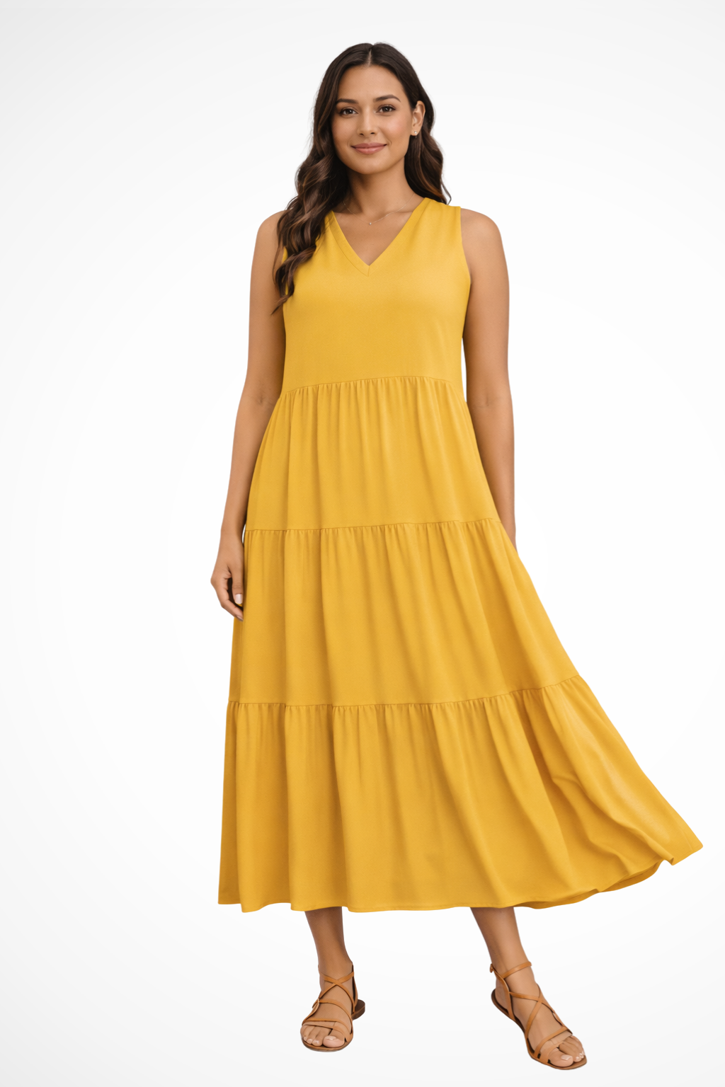 Abito lungo estivo donna senza maniche, con balze e scollo a V. Ideale per un look casual alla moda.