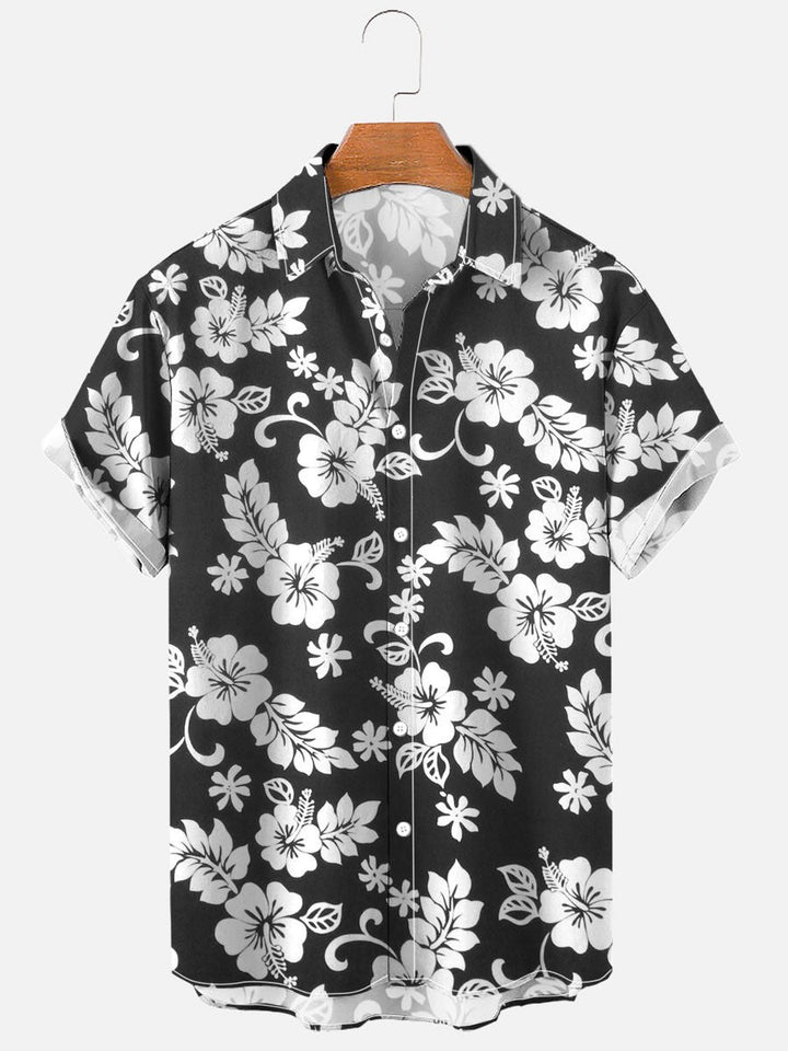 Camicia uomo floreale casual, maniche corte, stampa moderna, tessuto elastico per comfort e stile estivo.