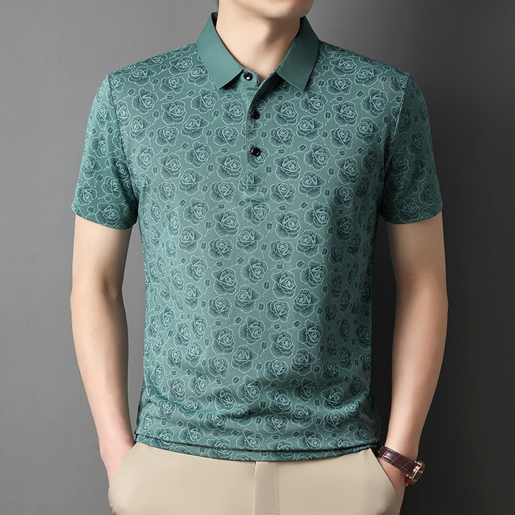 Polo uomo floreale blu scuro, slim fit, con design asimmetrico, per un look estivo chic.