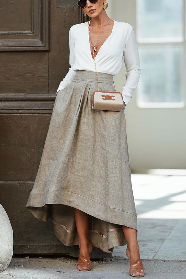 Gonna lunga asimmetrica khaki da donna con vita elasticizzata, ideale per l'estate e look casual alla moda.