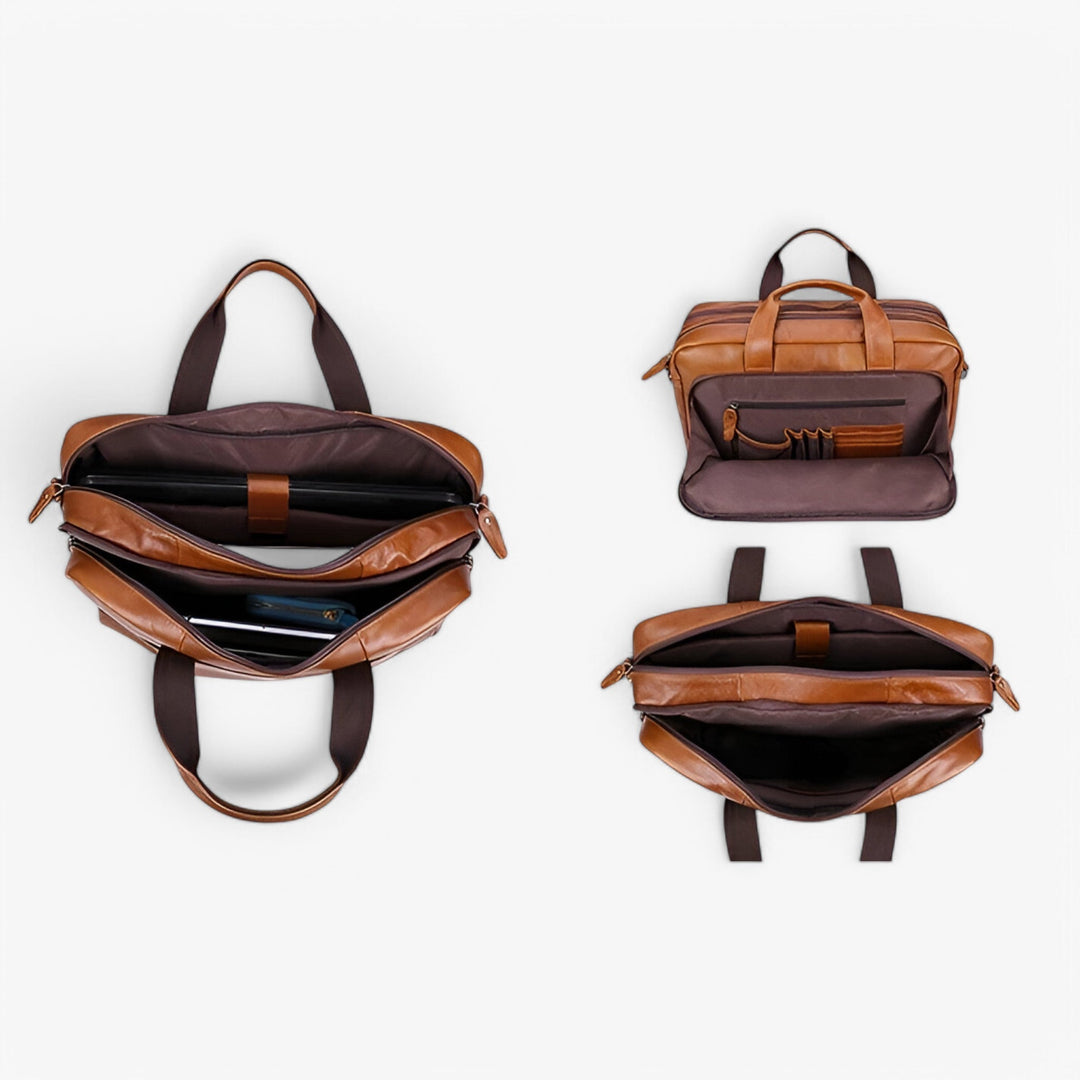 Borsa professionale da uomo in pelle marrone con scomparto sicuro per laptop e documenti, versatile per ufficio.
