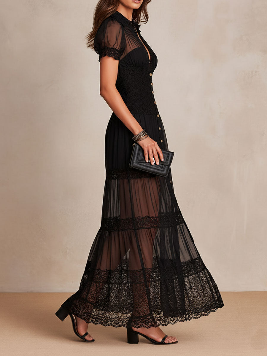 Abito maxi nero donna versatile con pizzo e bottoni frontali, ideale per primavera, estate e autunno, stile chic.