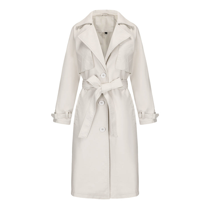 Moda donna: trench lungo elegante con cintura, revers ampi, perfetto per look sofisticati.