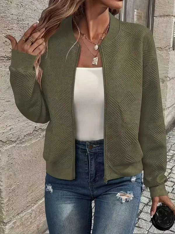 Giacca bomber da donna primaverile, leggera ed elegante, con zip integrale, per un comfort casual.