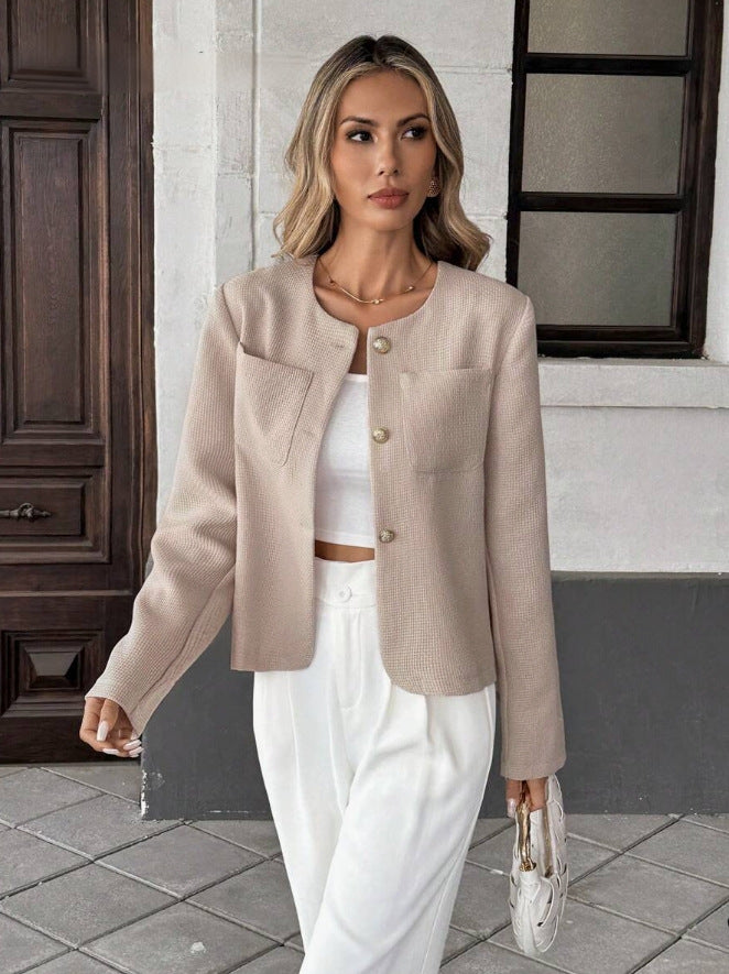 Giacca donna effetto tweed per un abbigliamento femminile versatile. Ideale per stile casual o elegante.